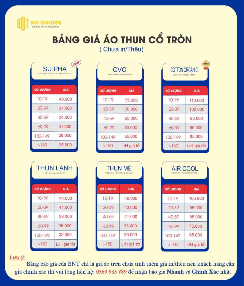 bảng giá may đồng phục