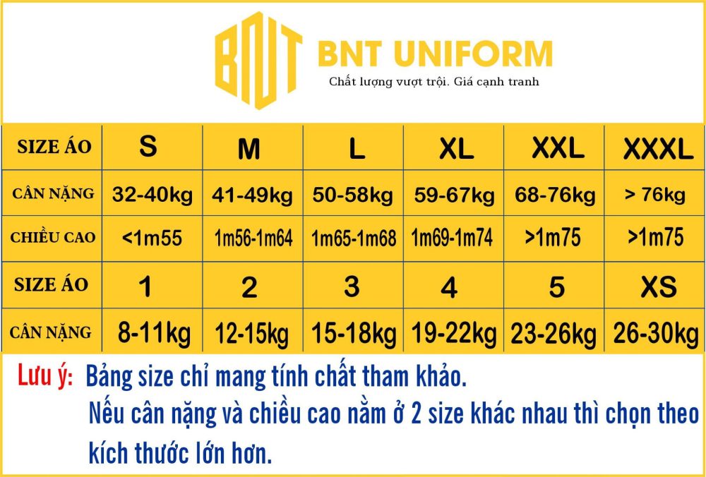 bảng size đồng phục công ty
